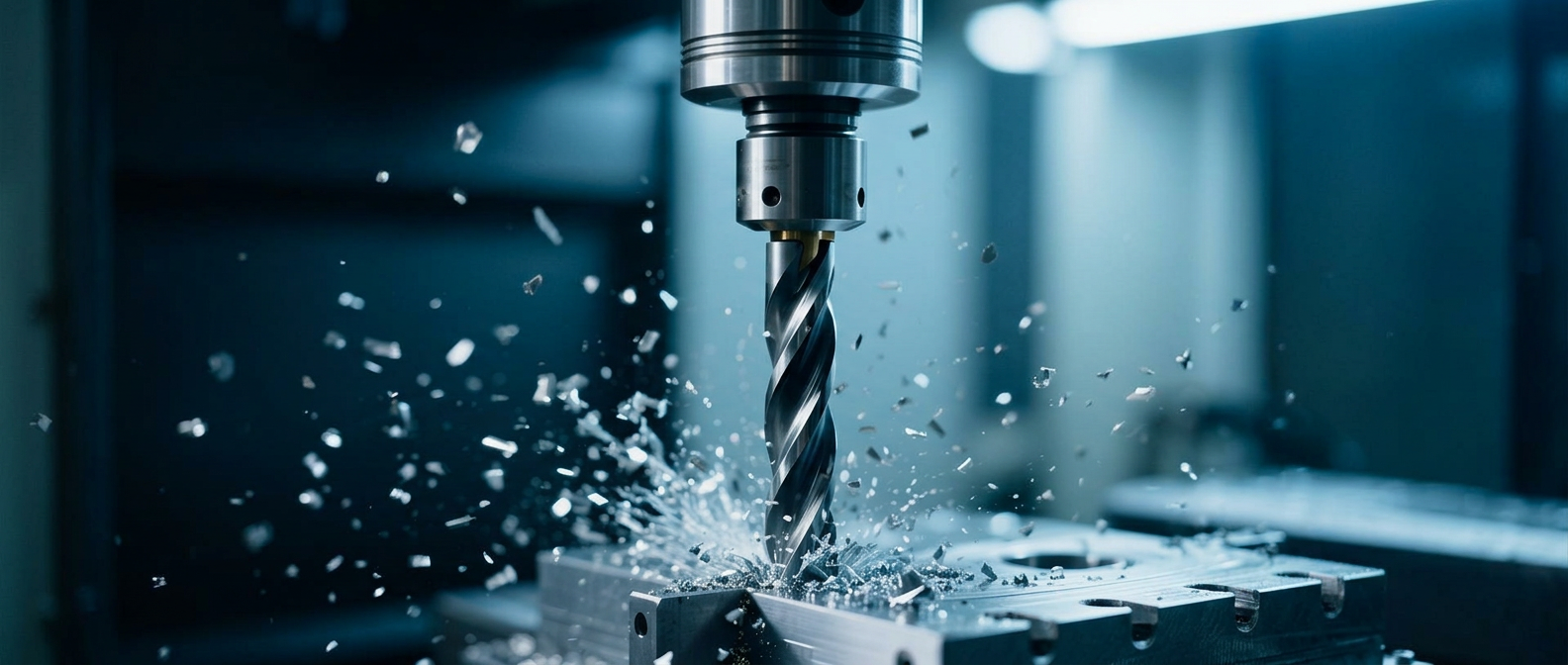 CNC-Bearbeitung eines Metallbauteils mit fliegenden Metallspänen
